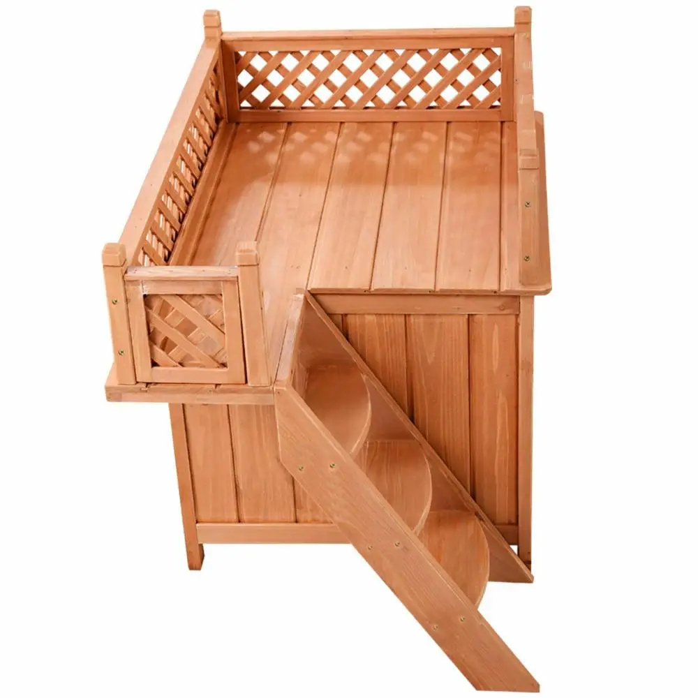 Costway Wooden Puppy Pet Dog House Wood Room In/Outdoor Raised Roof Balcony Bed Shelter - Image 5