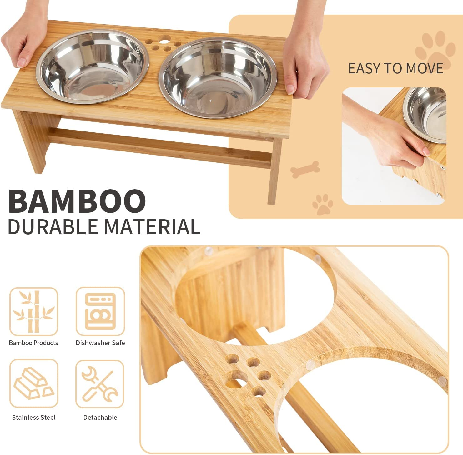 Raised Pet Bowls for Cats and Small Dogs, Bamboo Elevated Dog Cat Food and Water Bowls Stand Feeder with 2 Stainless Steel Bowls and anti Slip Feet (4'' Tall-20 Oz Bowl) - Image 4