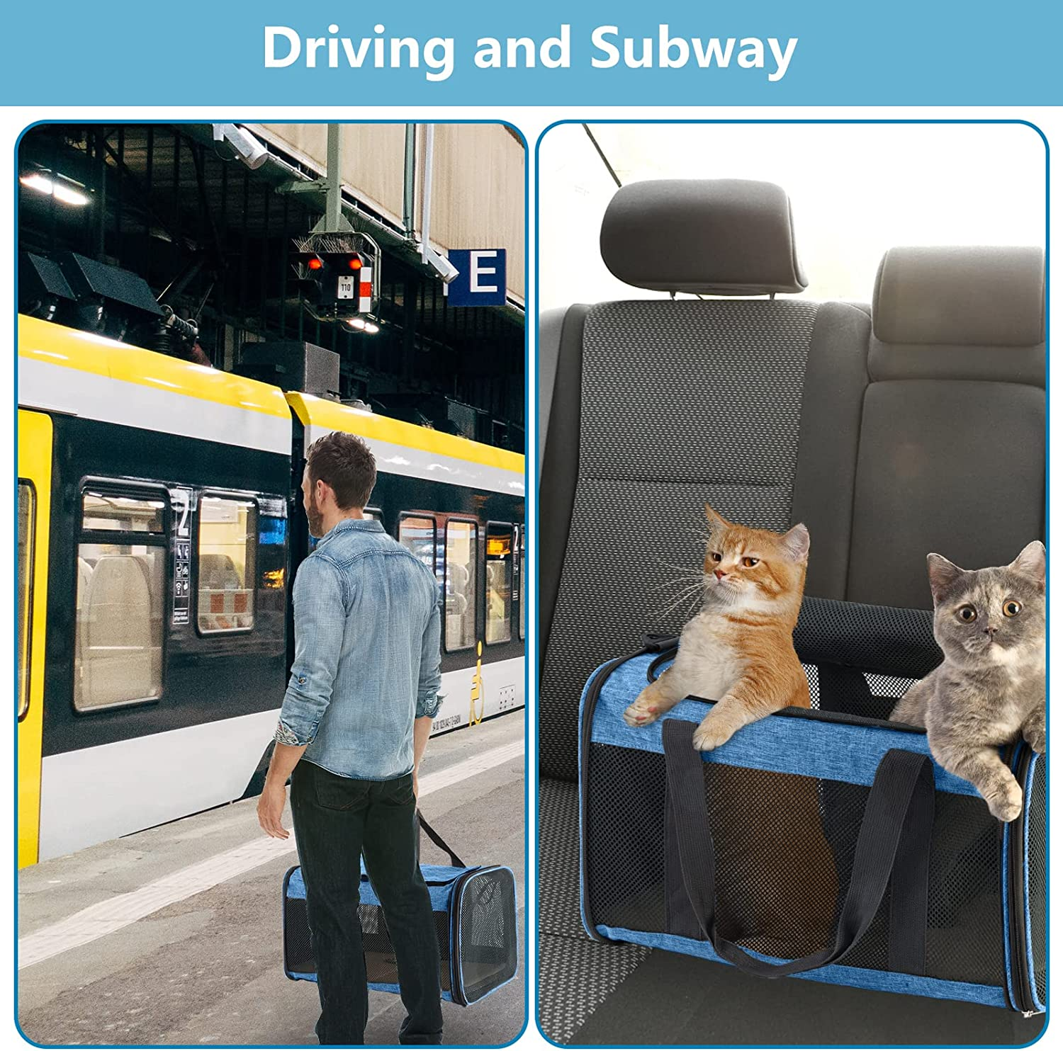 Large Cat Carrier 20Lbs - Pet Carrrier Bag - Soft Sided Breathable Mesh Pet Travel Carrier for Dogs, Portable Top Loading Big Cat Carrier for 2 Cats, Folding Dog Soft-Sided Carrier, Blue - Image 5