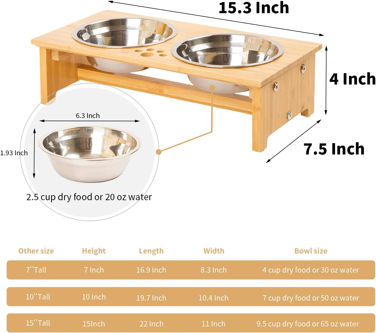 Raised Pet Bowls for Cats and Small Dogs, Bamboo Elevated Dog Cat Food and Water Bowls Stand Feeder with 2 Stainless Steel Bowls and anti Slip Feet (4'' Tall-20 Oz Bowl) - Image 2