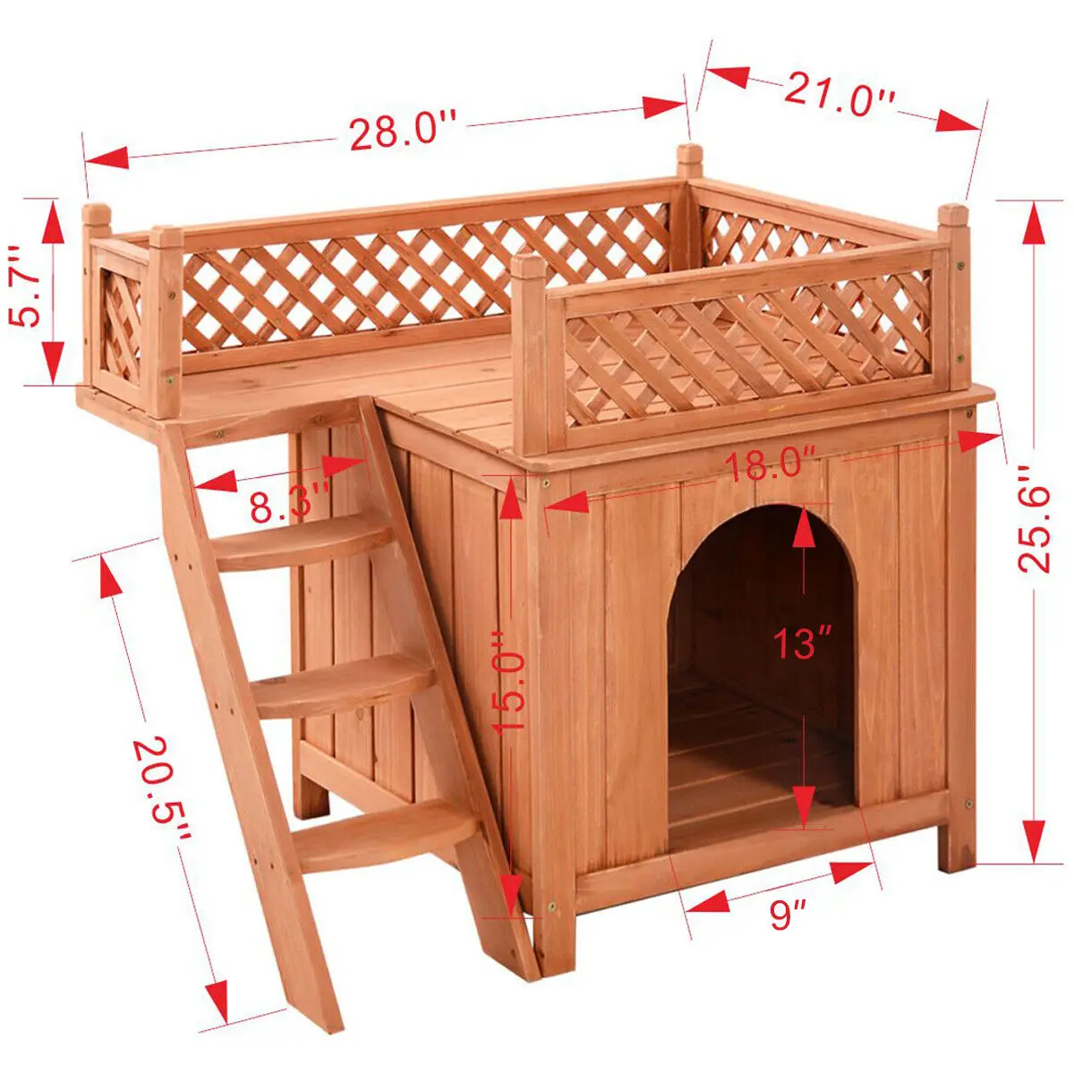Costway Wooden Puppy Pet Dog House Wood Room In/Outdoor Raised Roof Balcony Bed Shelter - Image 2
