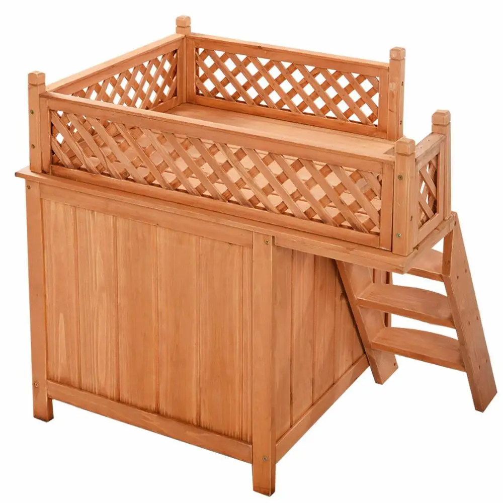 Costway Wooden Puppy Pet Dog House Wood Room In/Outdoor Raised Roof Balcony Bed Shelter - Image 6