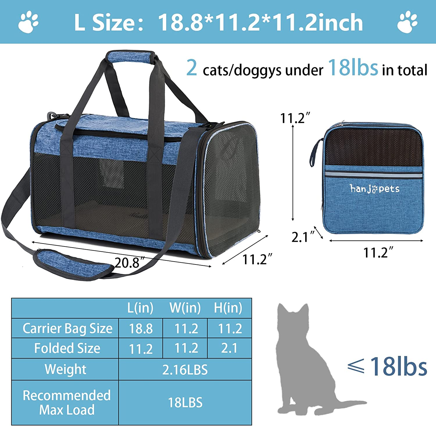 Large Cat Carrier 20Lbs - Pet Carrrier Bag - Soft Sided Breathable Mesh Pet Travel Carrier for Dogs, Portable Top Loading Big Cat Carrier for 2 Cats, Folding Dog Soft-Sided Carrier, Blue - Image 2