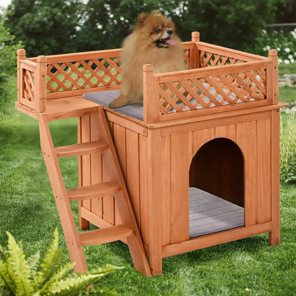 Costway Wooden Puppy Pet Dog House Wood Room In/Outdoor Raised Roof Balcony Bed Shelter - Image 3