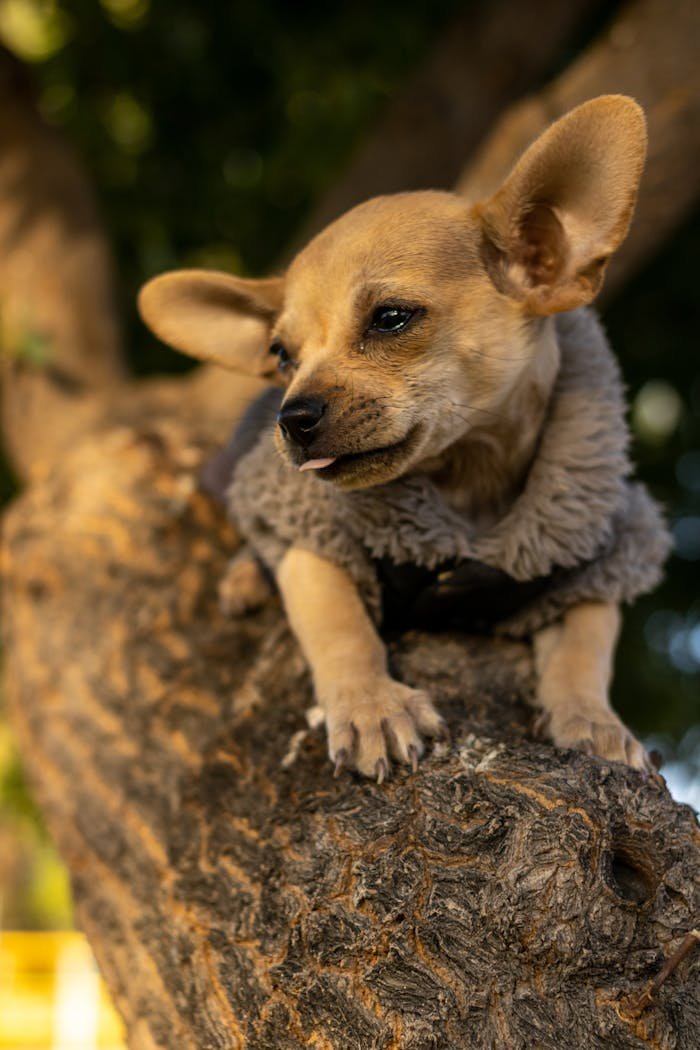 A chihuahua dog is sitting on a tree branch